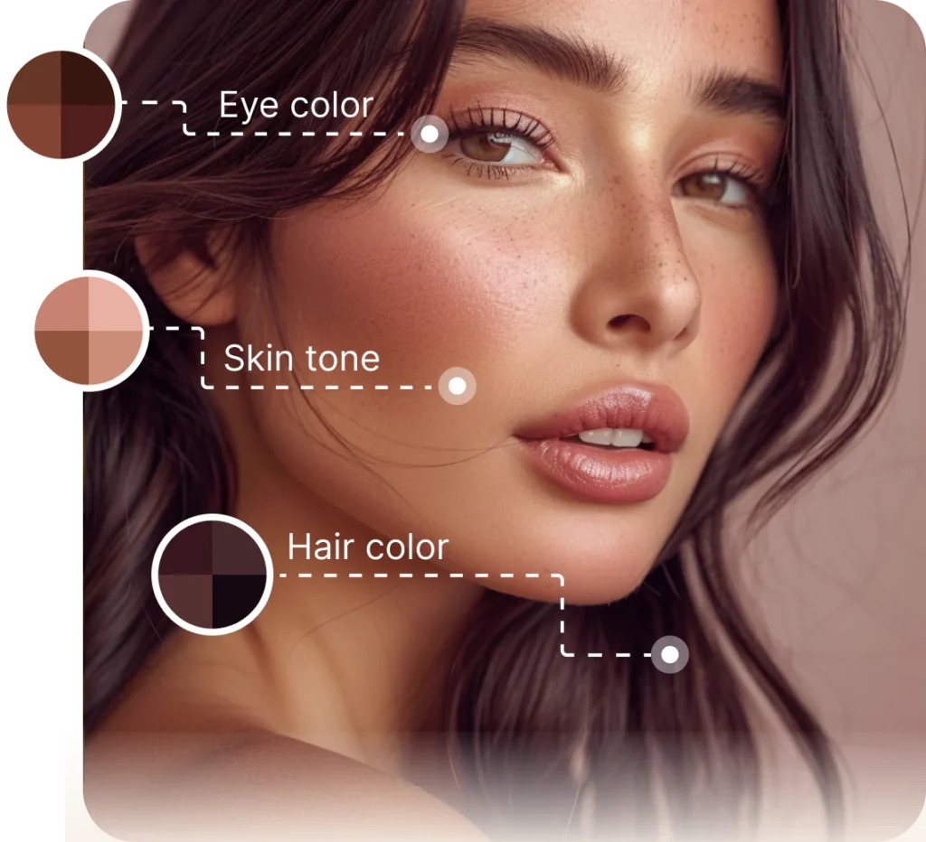 Woman's face with eye color, skin tone and hair color palettes